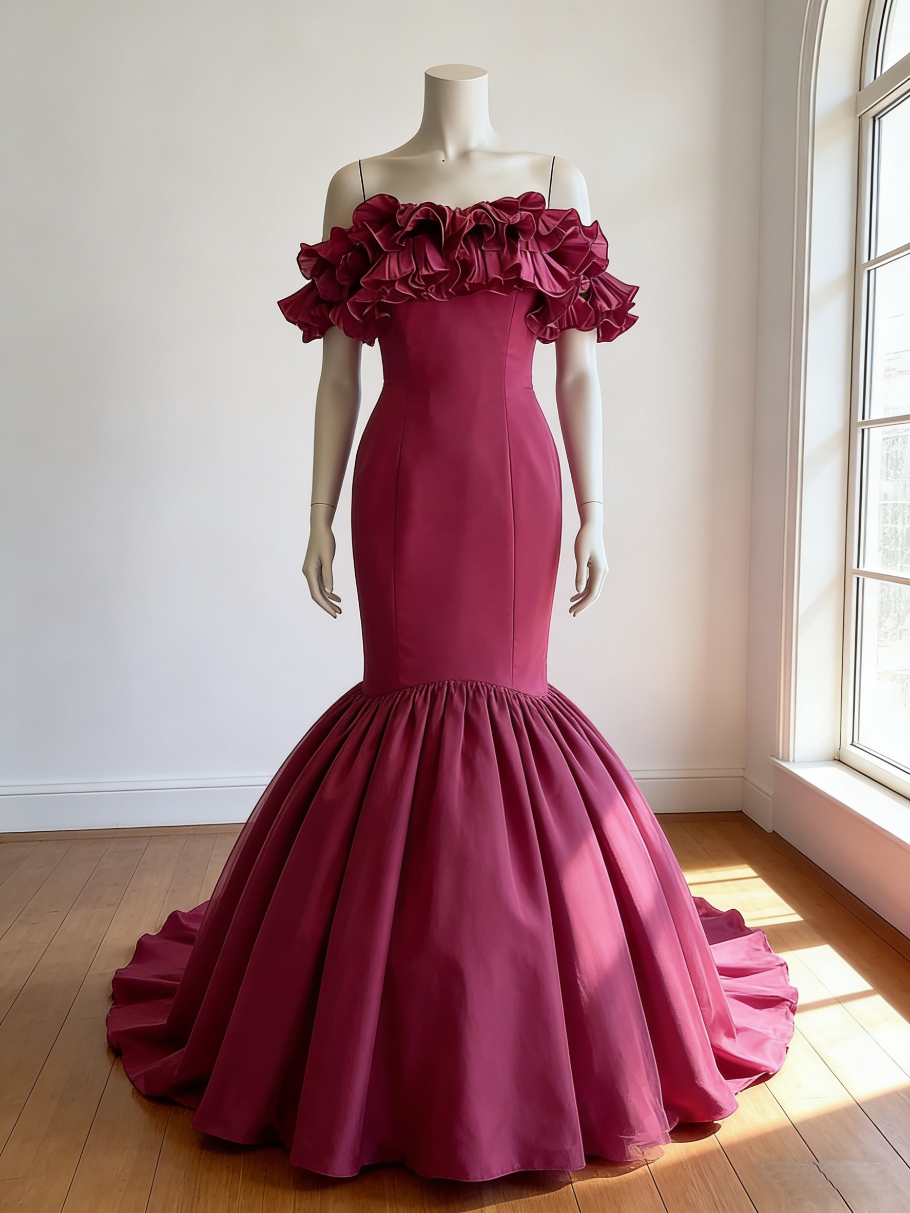 カラードレス  ローズマダー  オフショルダー マーメイドライン  トレーン  ファスナー  花嫁