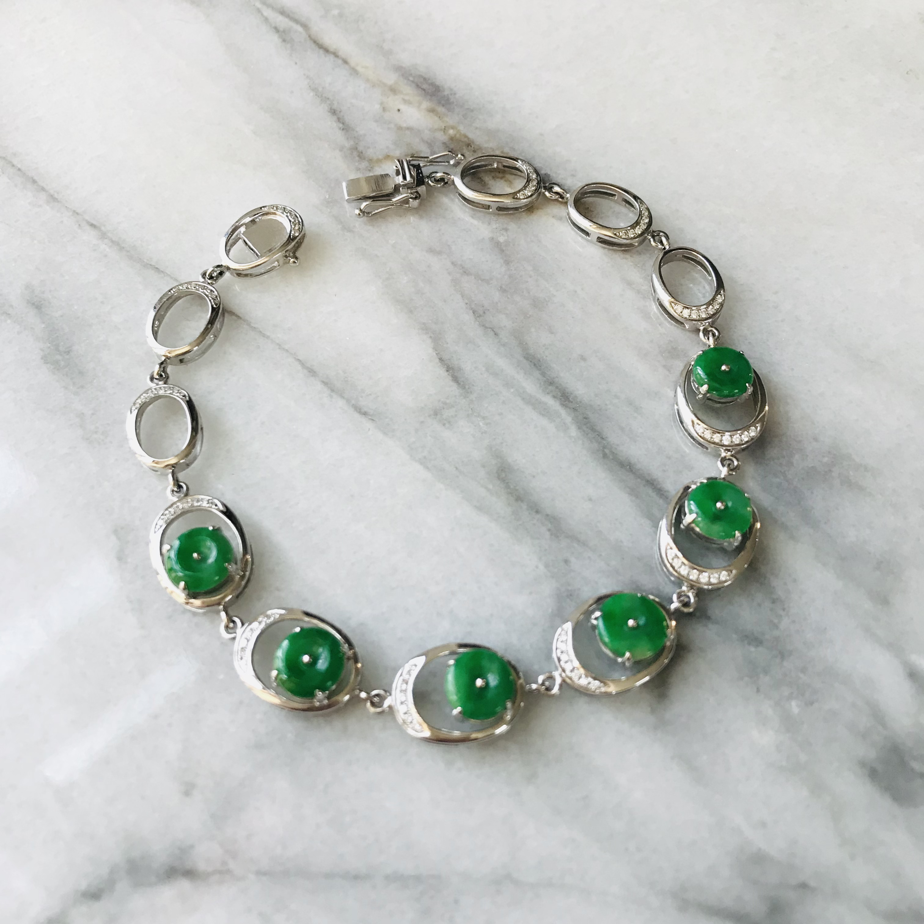 【B6010-0223】ジェイド　翡翠　ヒスイ　一点もの　ブレスレット　ミャンマー産　約16cm k18 ダイヤモンド