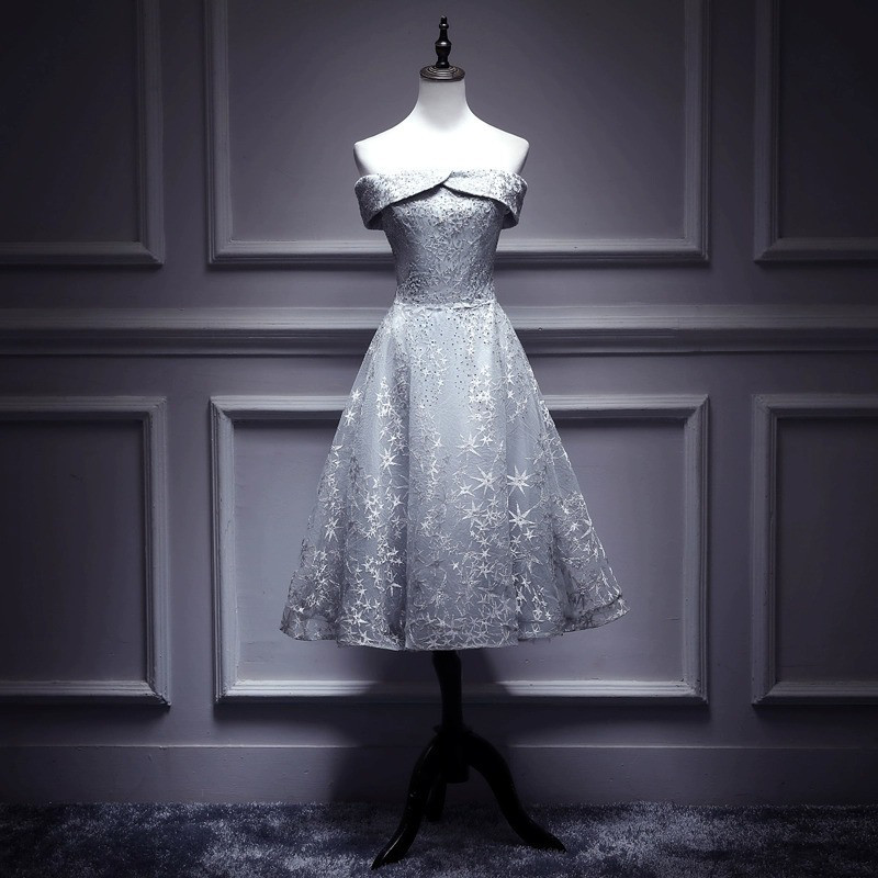 パーティードレス シルバー オフショルダー ショート丈 誕生日 成人式 披露宴 前撮り 二次会 お呼ばれ AK783