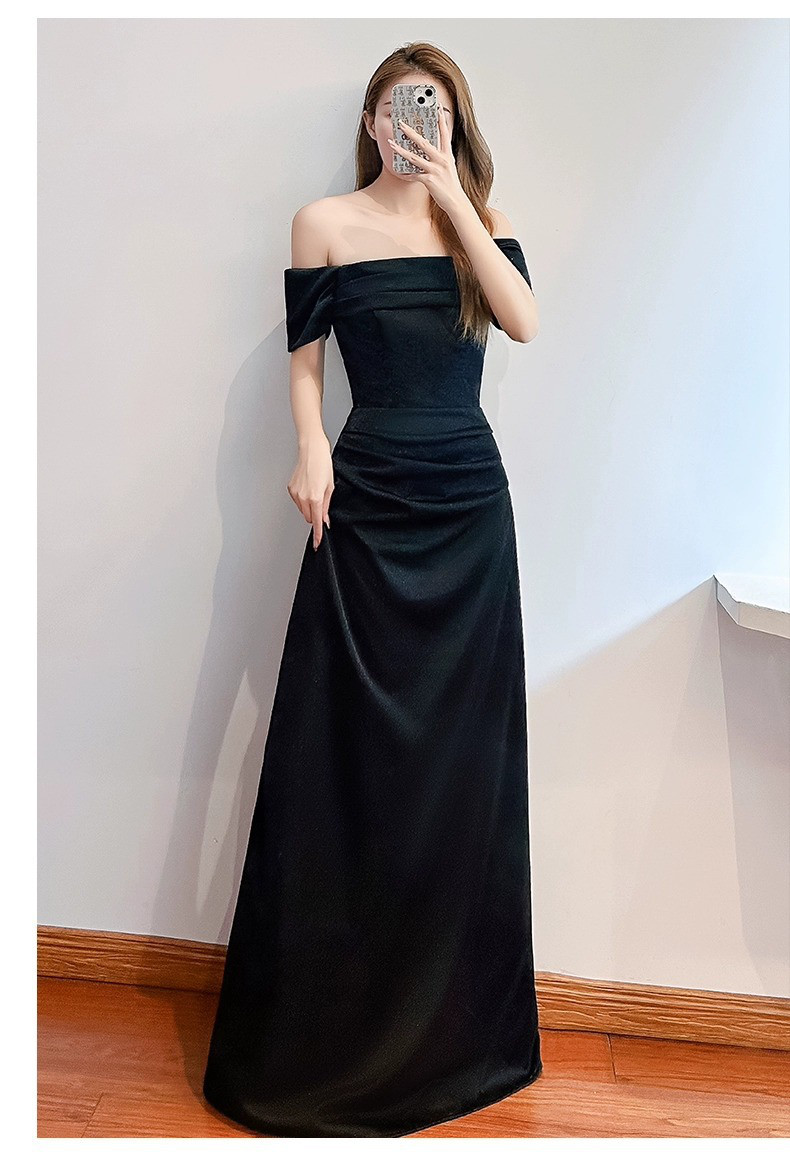 高級感 パーティードレス 黒 オフショルダー シンプル 韓国風 誕生日 披露宴 前撮り 二次会 お呼ばれ AK788