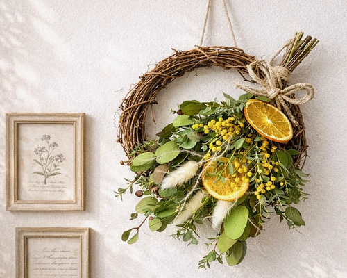 ミモザとオレンジのスワッグ仕立て ナチュラルコンポジションリース