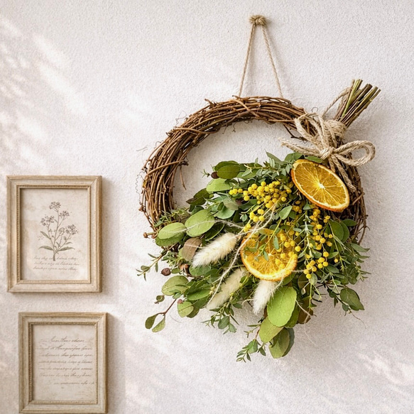 フラワー・リース mizuho ミモザとオレンジのスワッグ仕立て ナチュラルコンポジションリース