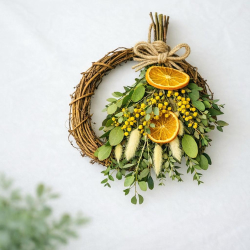 ミモザとオレンジのスワッグ仕立て ナチュラルコンポジションリース