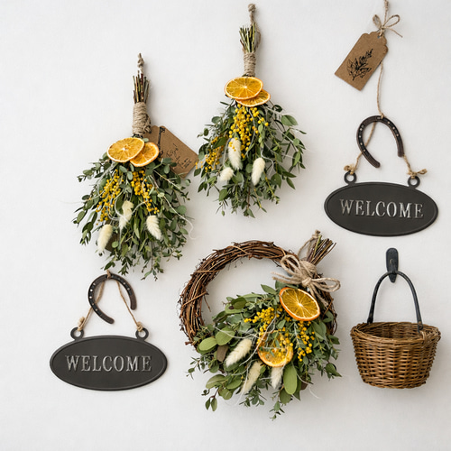 ミモザとオレンジのスワッグ仕立て ナチュラルコンポジションリース