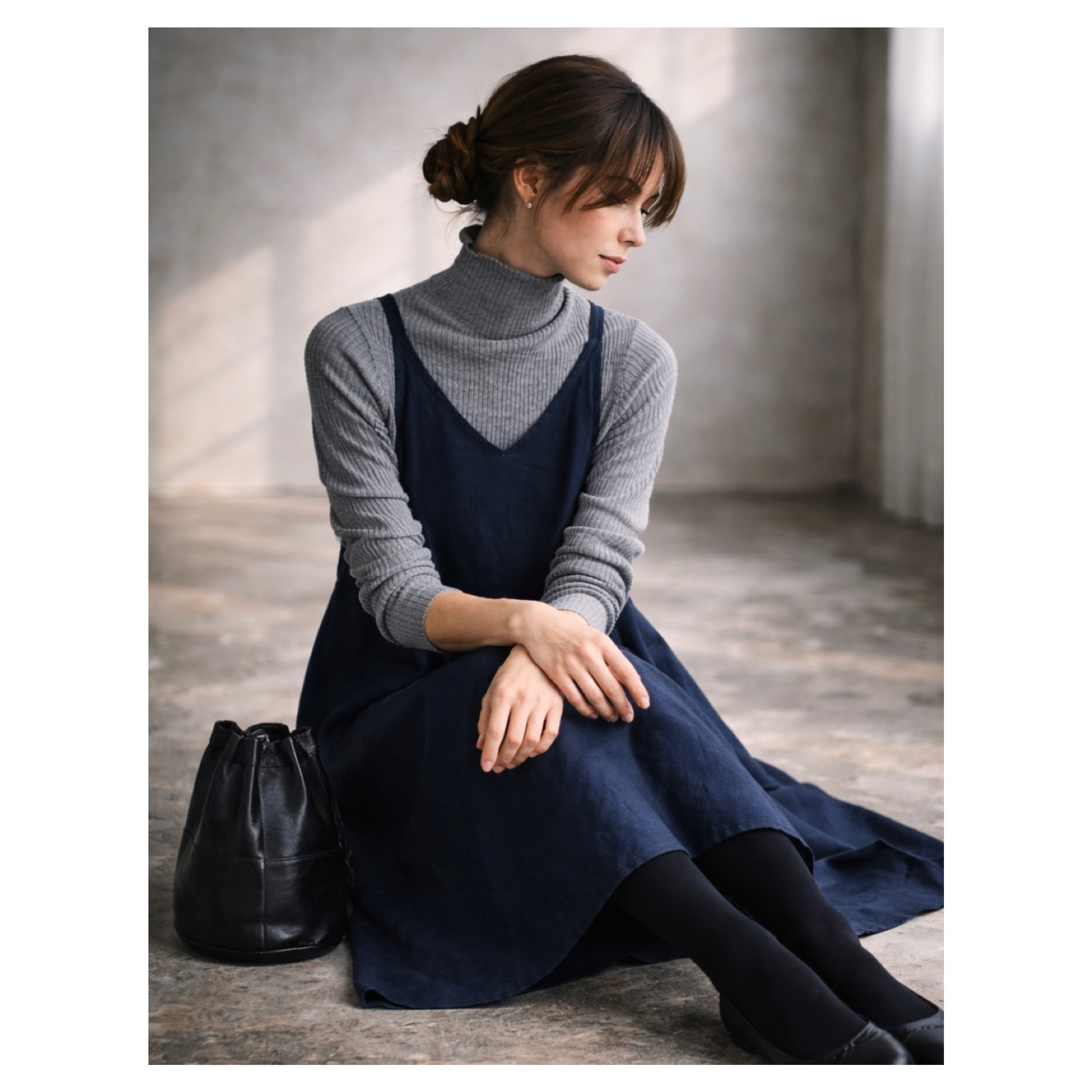 美シルエットAラインコットンリネンヴィンテージ加工エプロンドレス／エプロンワンピース／ネイビー