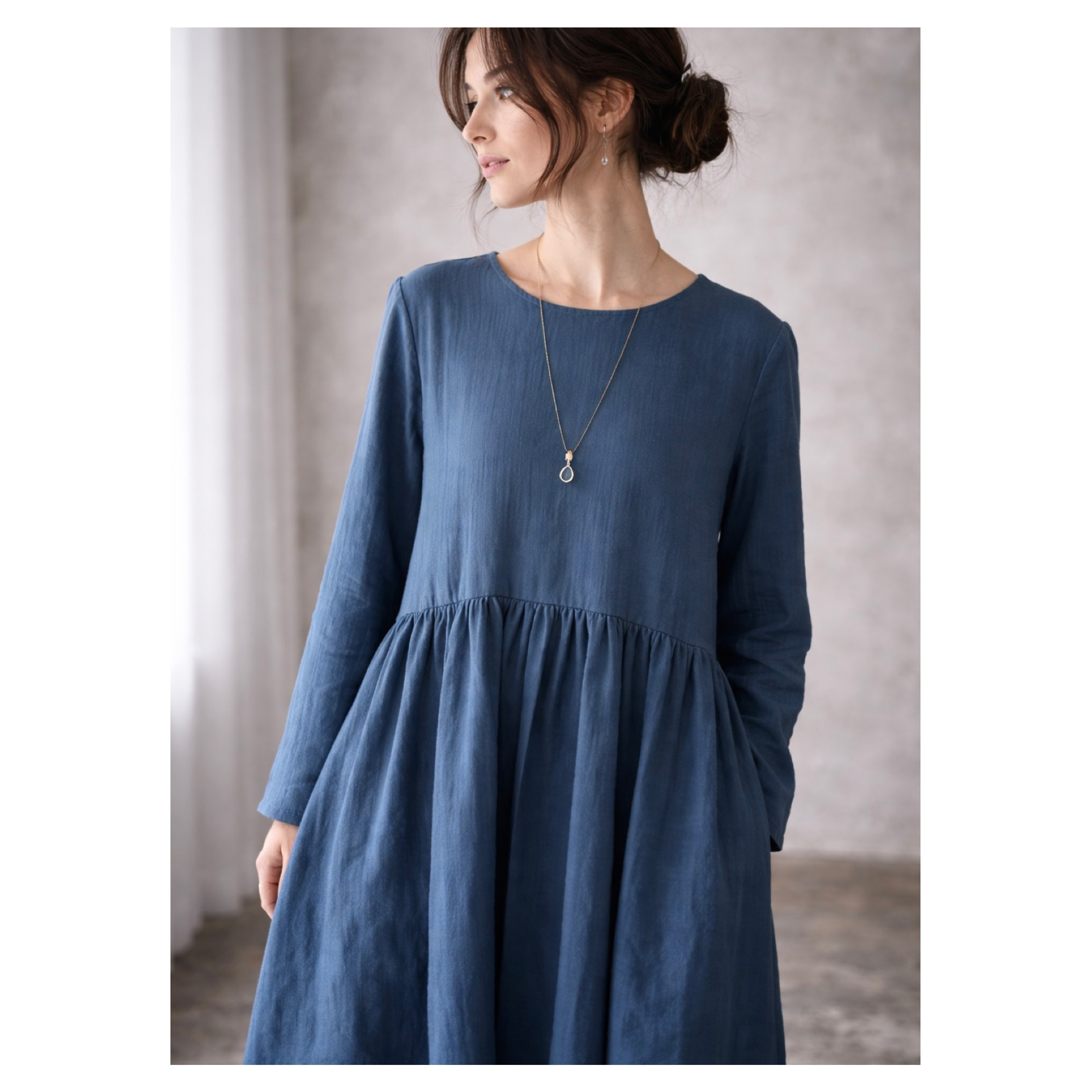 【全22色〜】ふわふわ厚みが2倍とろみダブルガーゼギャザーワンピース／厚手ダブルガーゼワンピース／ルームウェア／ネイビー