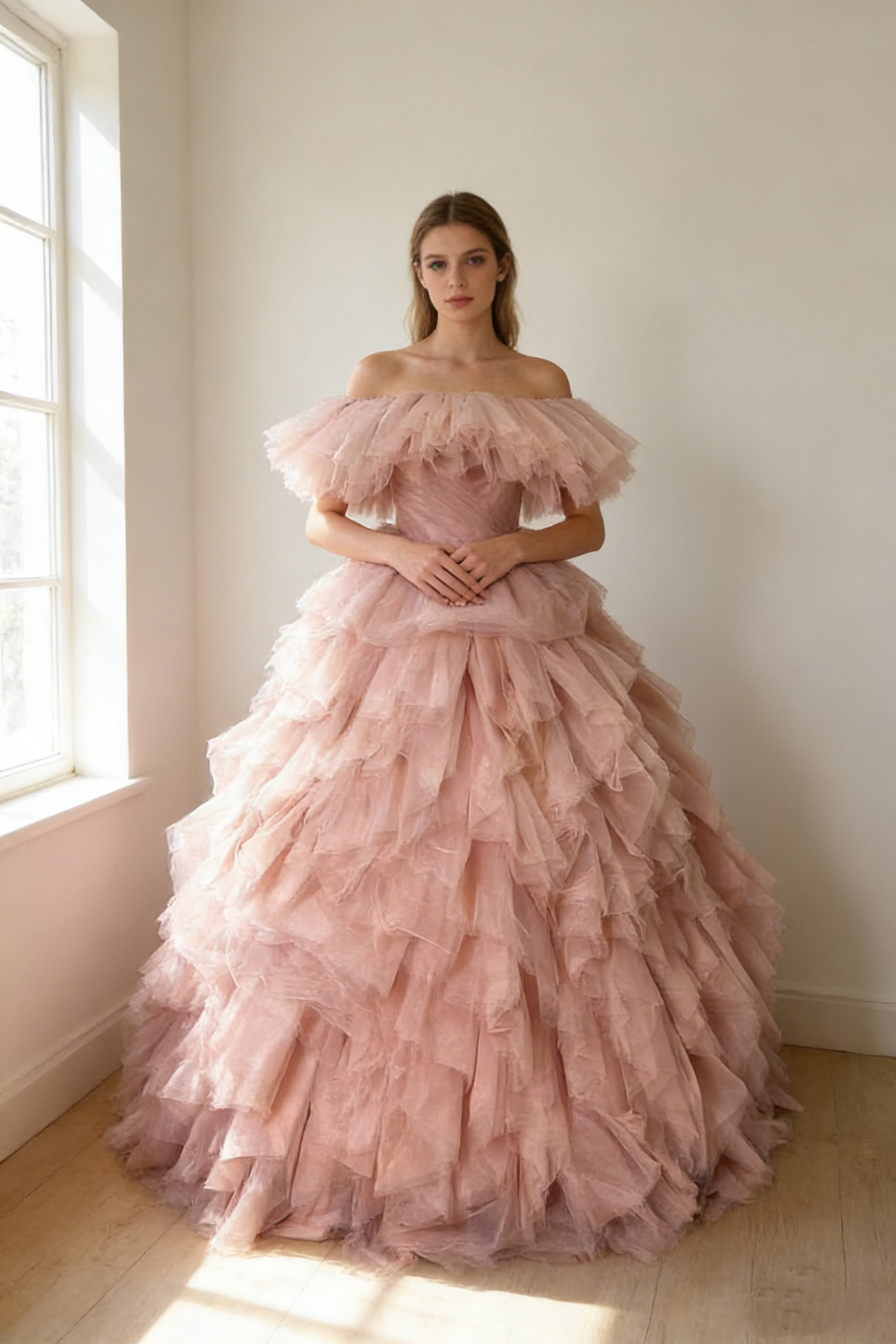 送料無料！カラードレス 取り外し可能なオフショルダー もこもこドレス ロング プリンセスライン 結婚式 オートクチュール