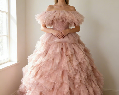 送料無料！カラードレス 取り外し可能なオフショルダー もこもこドレス