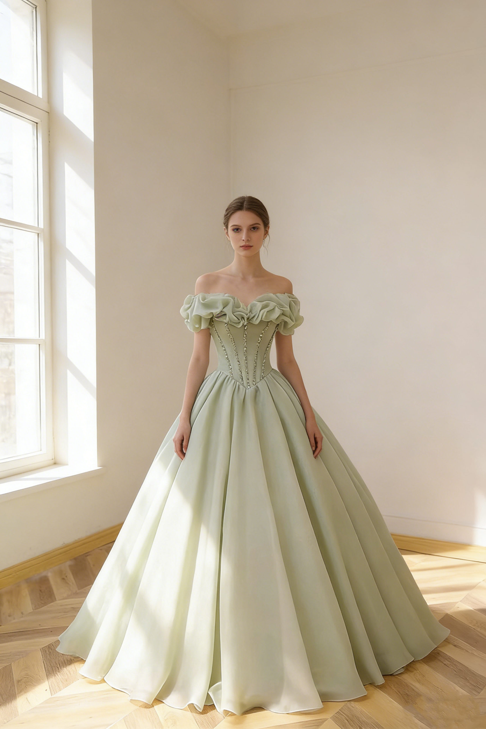 送料無料！パーティードレス  オフショルダー ビジュードレス グリーン Aライン ブライダル 二次会 音楽会