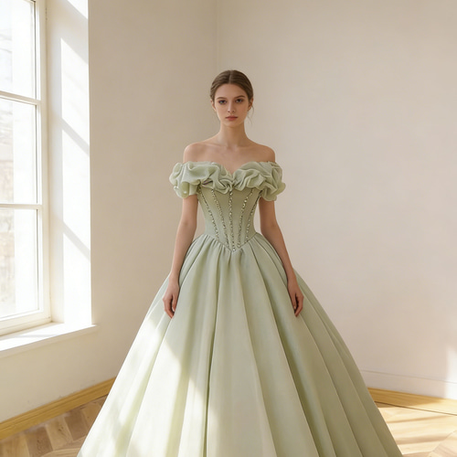 グリーン フラワー　パーティードレス　結婚式　お呼ばれ　二次会 オフショルダー カラードレス グリーン 緑 オフショルダー 前撮り 披露宴 ロングドレス