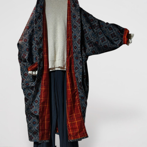 2601C】着物リメイク 正絹・紬 ロングコート ゆったりサイズ 裏地