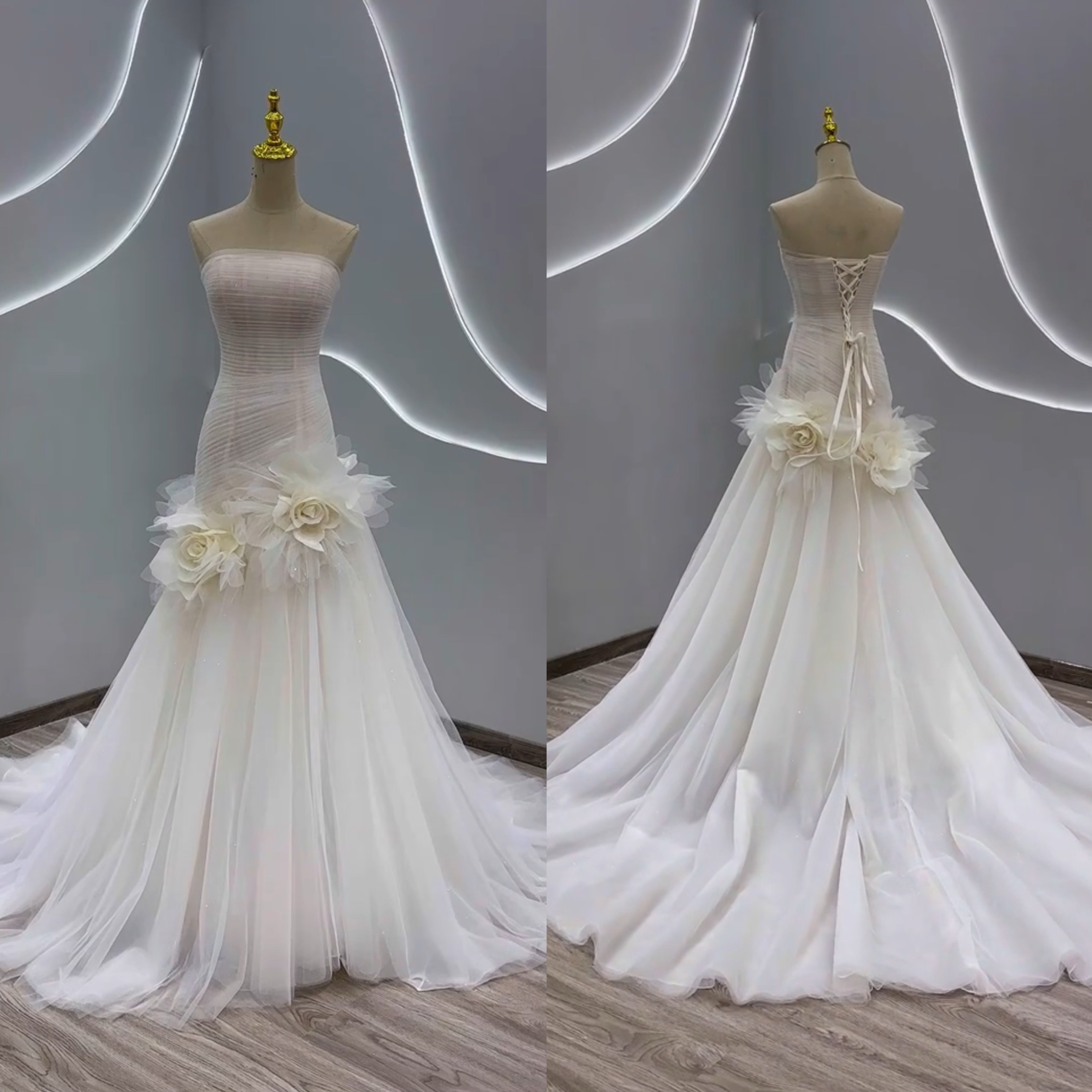 ベストセラー獲得！胸フリル　高級感　おしゃれ　マーメイドスカート　チュール　ノースリーブ　エレガント　美しい前撮り二次会