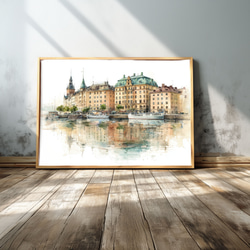 スウェーデン・ストックホルムの街並み 水彩画 インテリアポスター