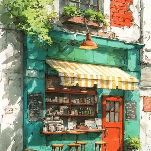 フレンチスタイルの小さなコーヒーショップ 水彩アート インテリア