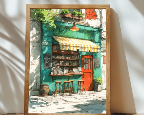 フレンチスタイルの小さなコーヒーショップ 水彩アート インテリア