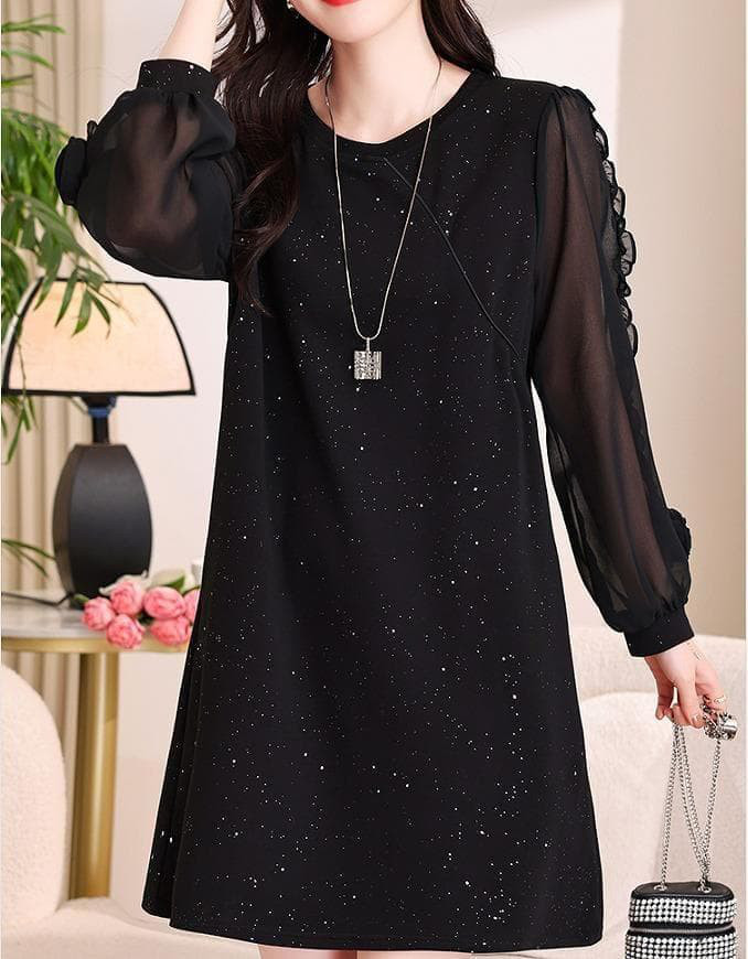 新品 春夏秋 大きいサイズ 黒 ワンピース 花柄袖 キラキラ 痩せ見え　47