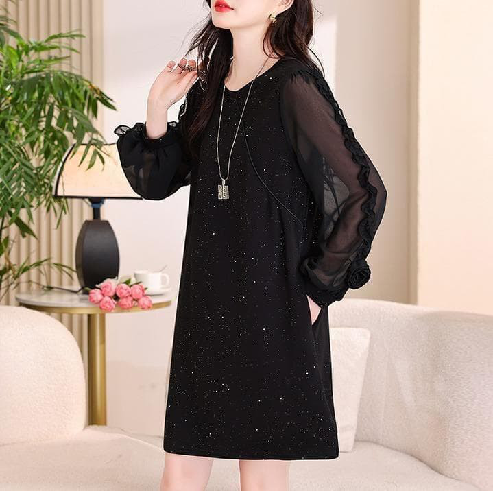 新品 春夏秋 大きいサイズ 黒 ワンピース 花柄袖 キラキラ 痩せ見え　47