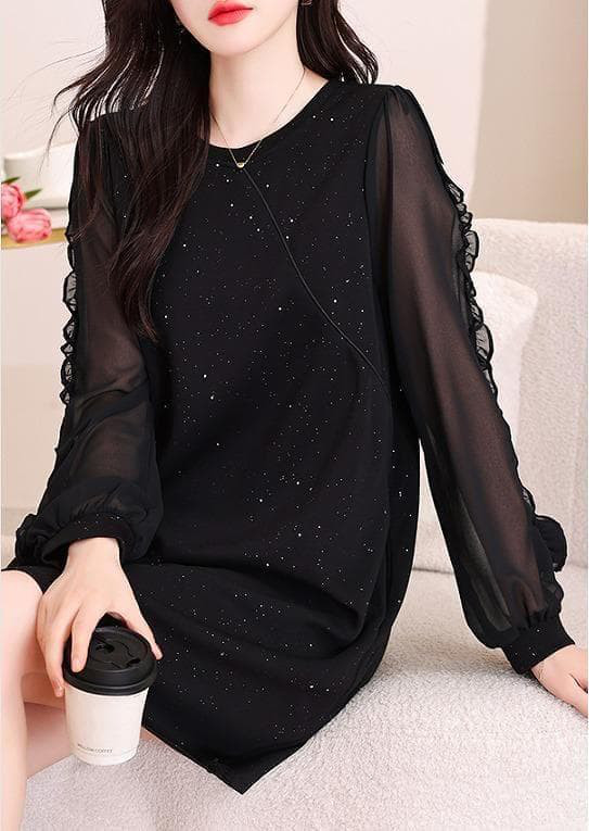 新品 春夏秋 大きいサイズ 黒 ワンピース 花柄袖 キラキラ 痩せ見え　47