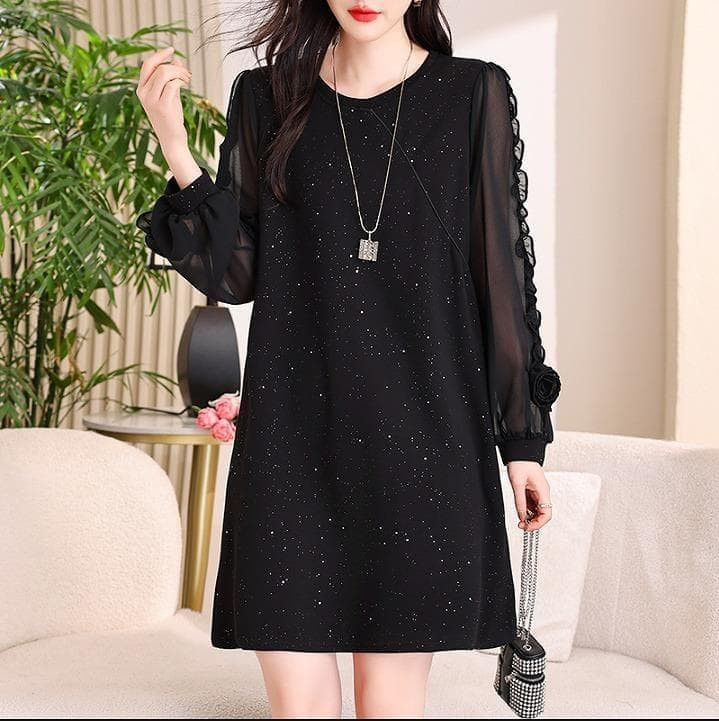 新品 春夏秋 大きいサイズ 黒 ワンピース 花柄袖 キラキラ 痩せ見え　47
