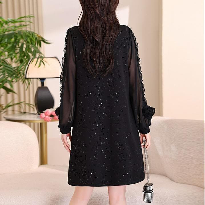 新品 春夏秋 大きいサイズ 黒 ワンピース 花柄袖 キラキラ 痩せ見え　47