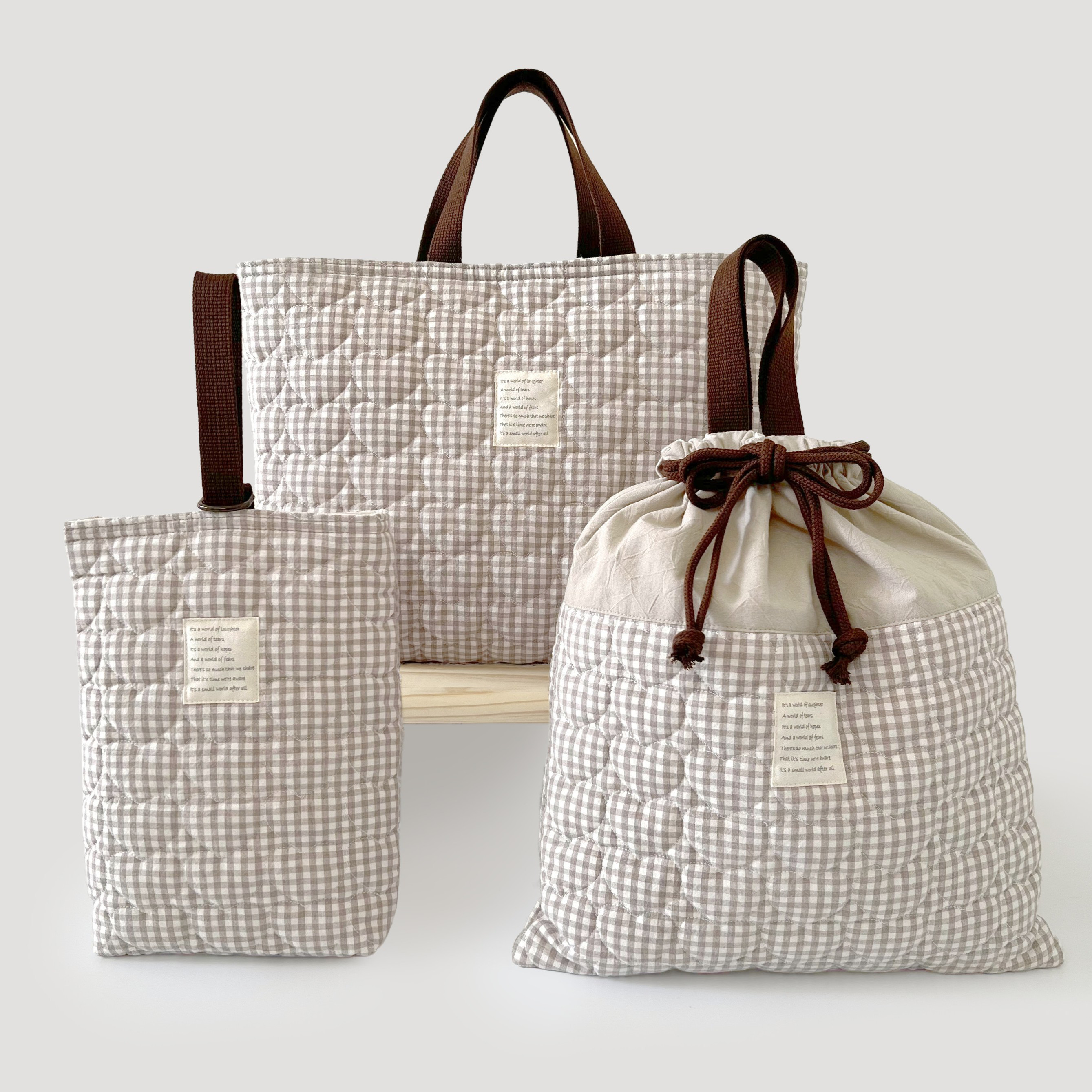 【3点セット】ハートキルトの入園入学グッズ｜ギンガムチェック（レッスンバッグ・体操服袋・上履き袋）ベージュ