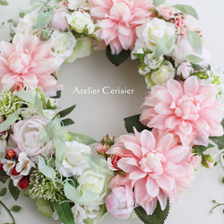 【早割】☆ダリア＆ローズ リース＜アーティフィシャルフラワー＞ピンク ホワイト 30センチ 3枚目の画像