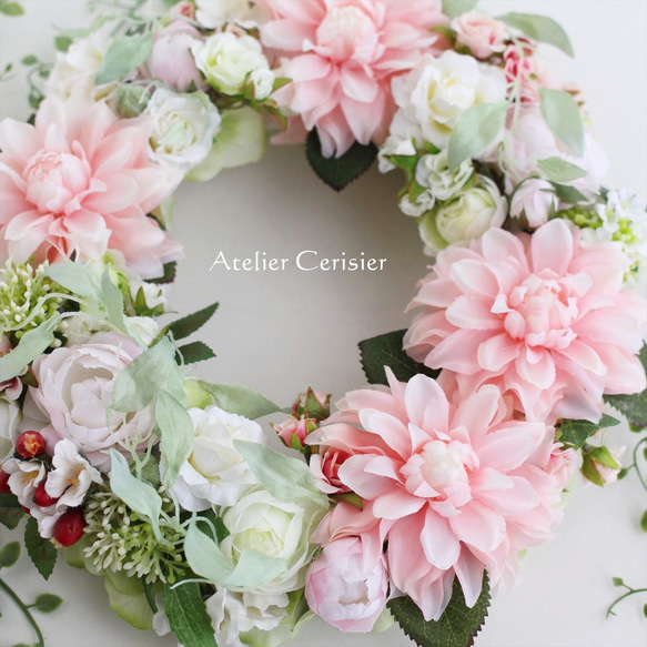 【早割】☆ダリア＆ローズ リース＜アーティフィシャルフラワー＞ピンク ホワイト 30センチ 3枚目の画像