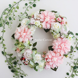 【早割】☆ダリア＆ローズ リース＜アーティフィシャルフラワー＞ピンク ホワイト 30センチ 4枚目の画像
