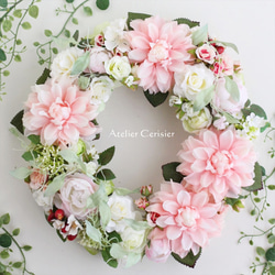 【早割】☆ダリア＆ローズ リース＜アーティフィシャルフラワー＞ピンク ホワイト 30センチ 1枚目の画像