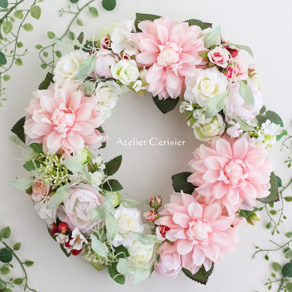 【早割】☆ダリア＆ローズ リース＜アーティフィシャルフラワー＞ピンク ホワイト 30センチ 1枚目の画像