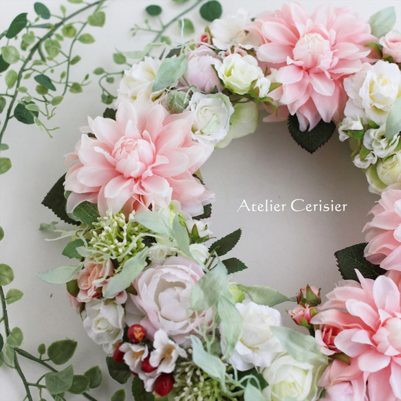 【早割】☆ダリア＆ローズ リース＜アーティフィシャルフラワー＞ピンク ホワイト 30センチ 2枚目の画像