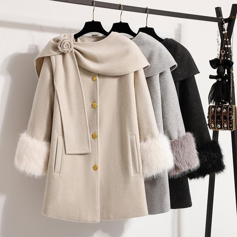 新品 秋冬 大きいサイズ ウール コート ファー マフラー付　アウター