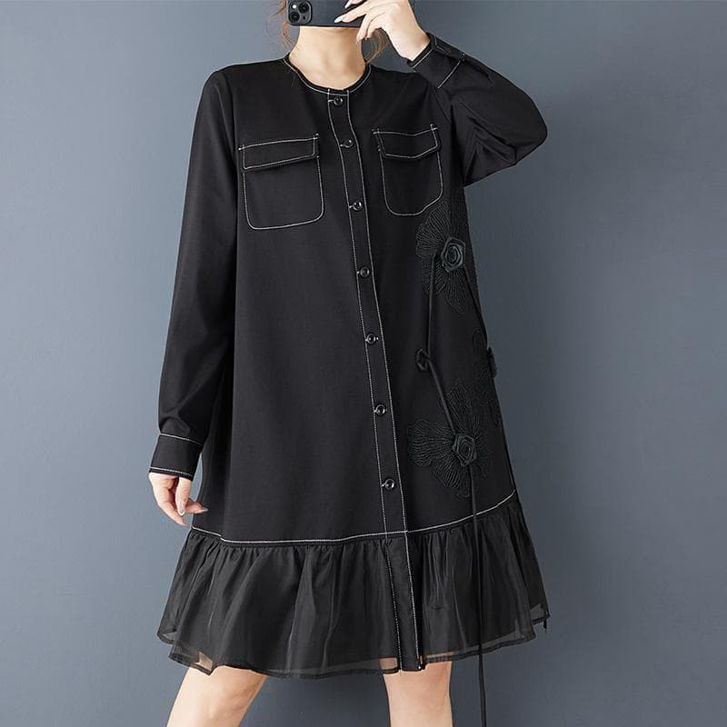 大きいサイズ 新品 秋冬 立体花柄 チュール シャツ ワンピース 黒 ゆったりｈ