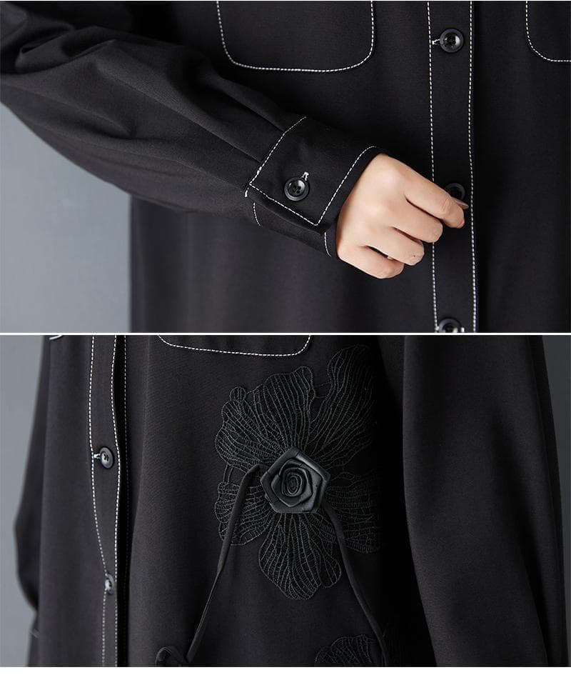 大きいサイズ 新品 秋冬 立体花柄 チュール シャツ ワンピース 黒 ゆったりｈ