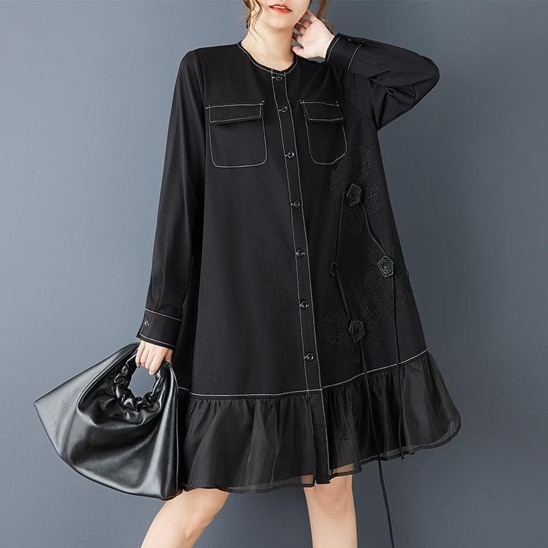 大きいサイズ 新品 秋冬 立体花柄 チュール シャツ ワンピース 黒 ゆったりｈ