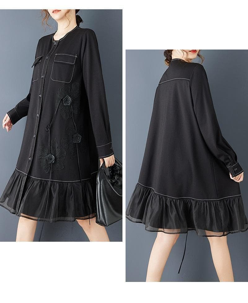 大きいサイズ 新品 秋冬 立体花柄 チュール シャツ ワンピース 黒 ゆったりｈ