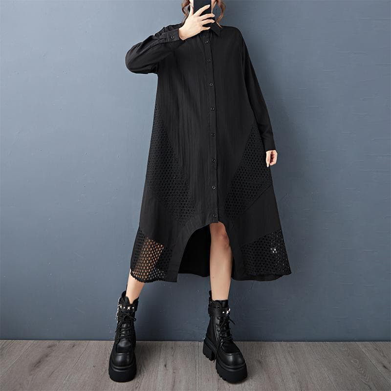 新品 大きいサイズ4Lワンピース秋冬ロングシャツワンピース長袖 メッシュ 黒ｙ