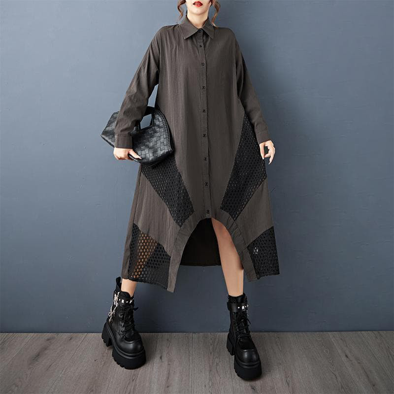 新品 大きいサイズ4Lワンピース秋冬ロングシャツワンピース長袖 メッシュ 黒ｙ