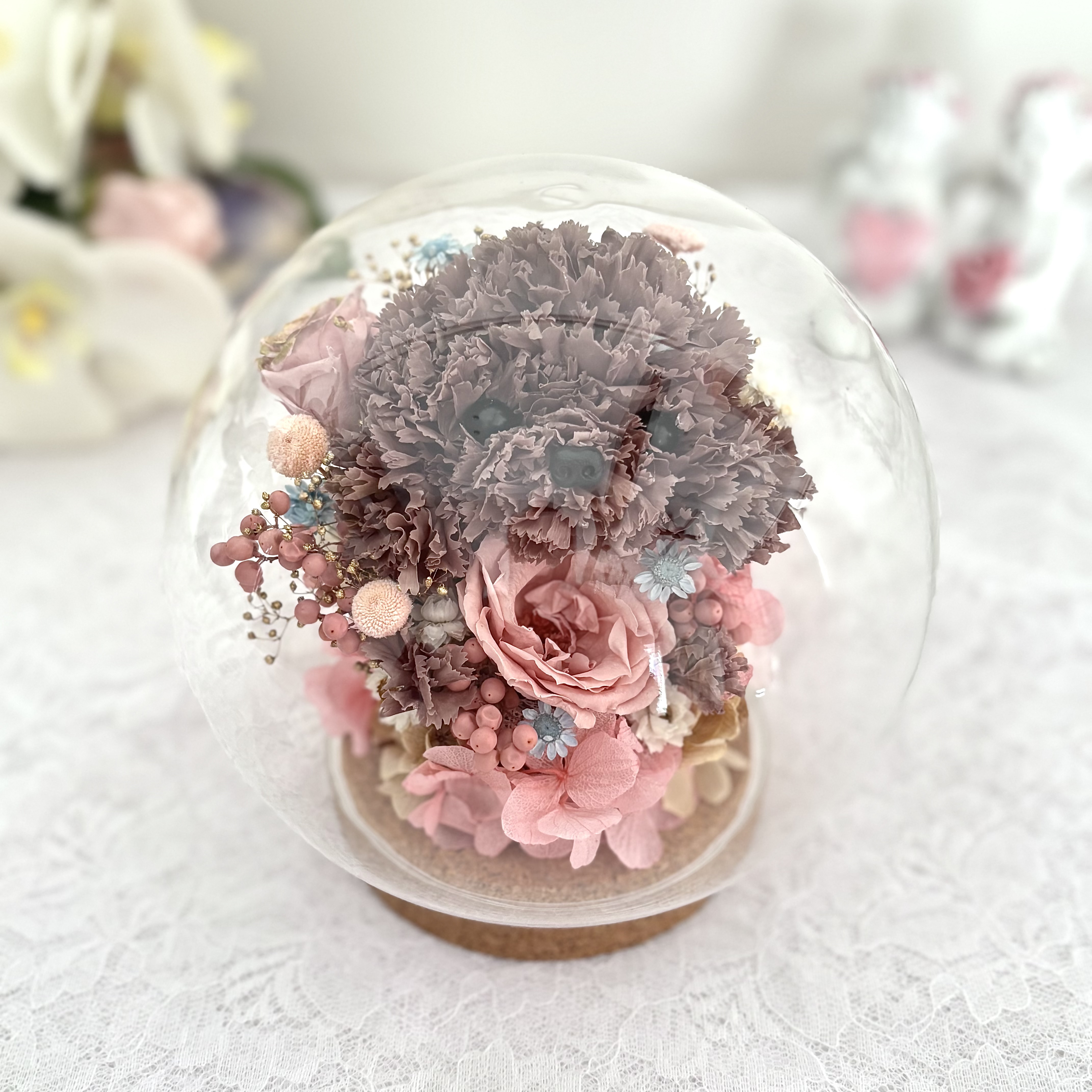 【オーダーメイド】丸いガラスドームうちの子アレンジ  トイプードル　チワワ　マルチーズ　シーズー　キャバリア　ミックス犬