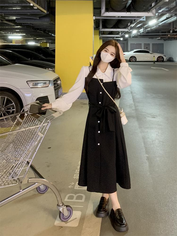 【新品】大きいサイズ3Lフェイクツーピース長袖ロングワンピース 黒秋冬重ね着風★