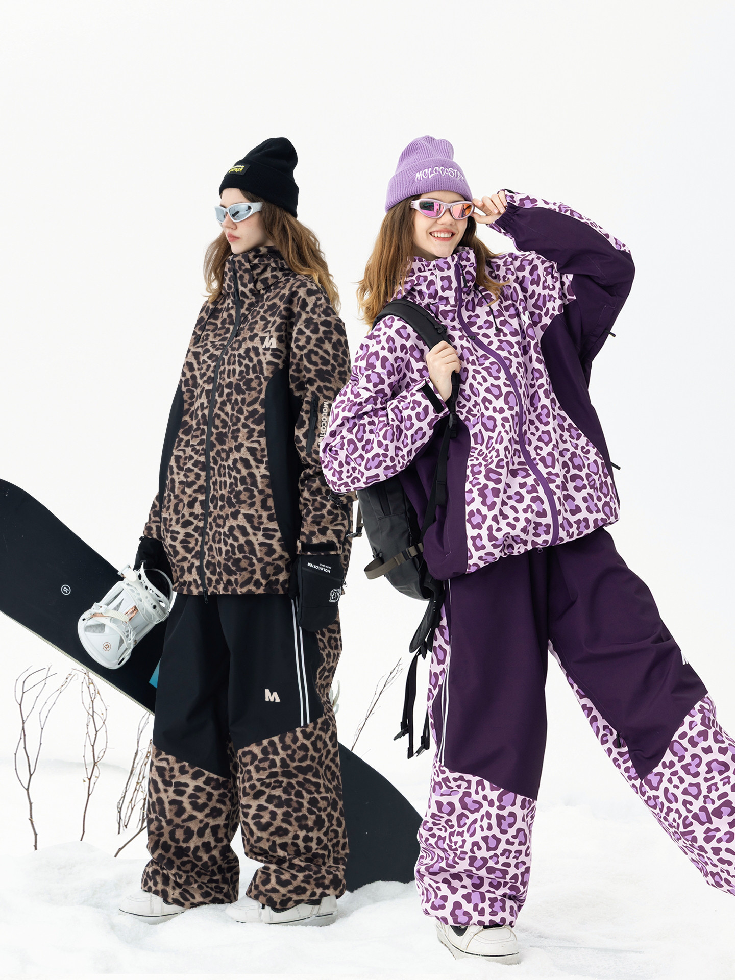 25-26秋冬限定 スノーボードウェア レオパード ヒョウ柄 紫黒 ジャケット パンツ メンズ レディース SN090