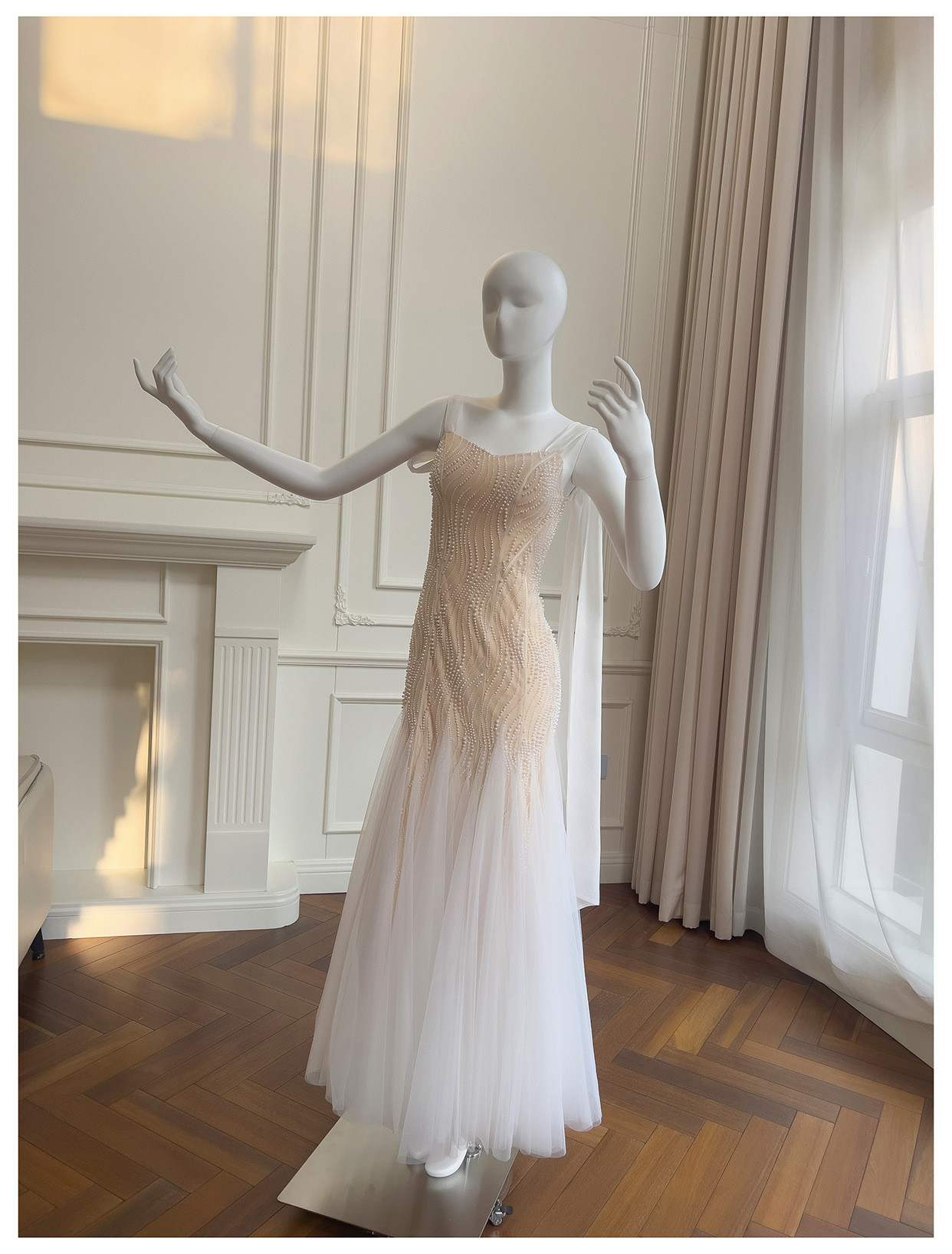 ノースリーブ リボン パール マーメイドドレス ウェディングドレス パーティー 上品 ロング 韓国風 二次会 69470