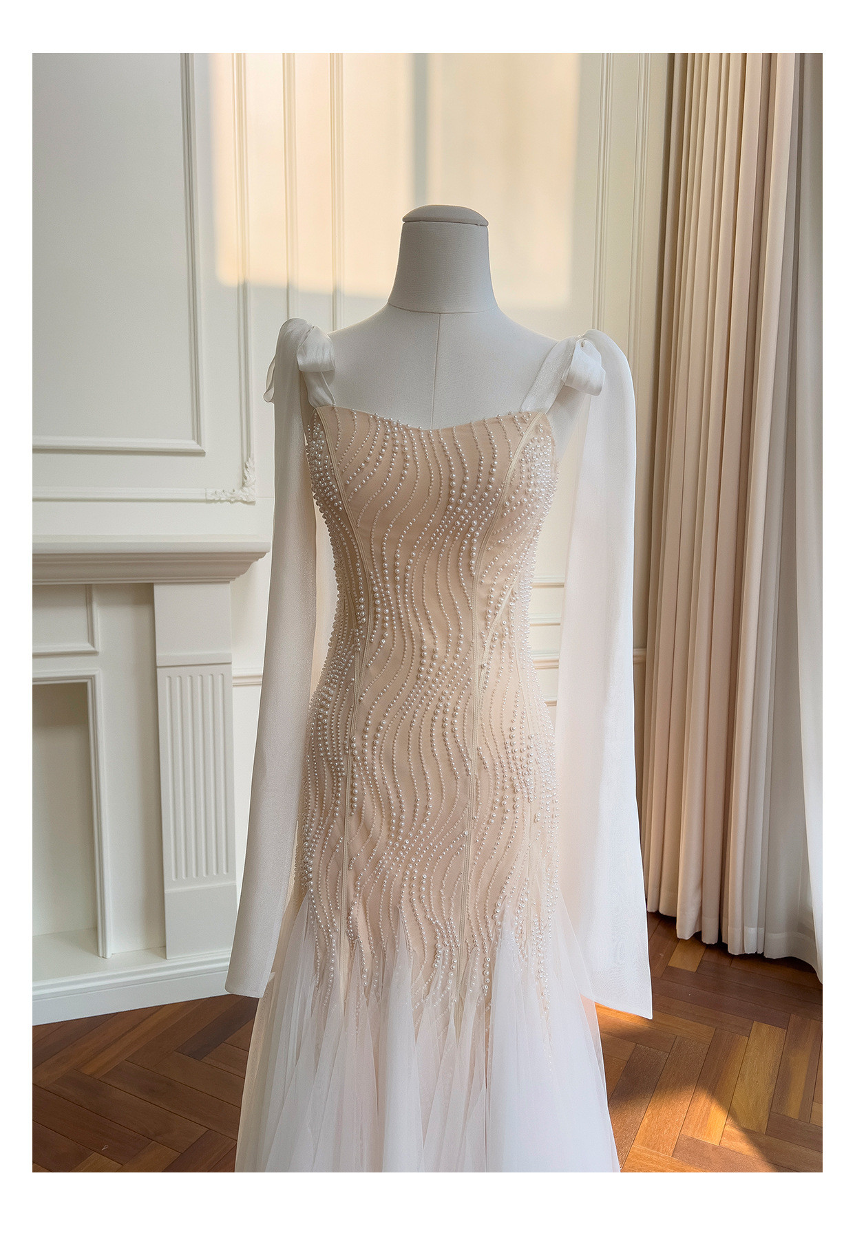 ノースリーブ リボン パール マーメイドドレス ウェディングドレス パーティー 上品 ロング 韓国風 二次会 69470