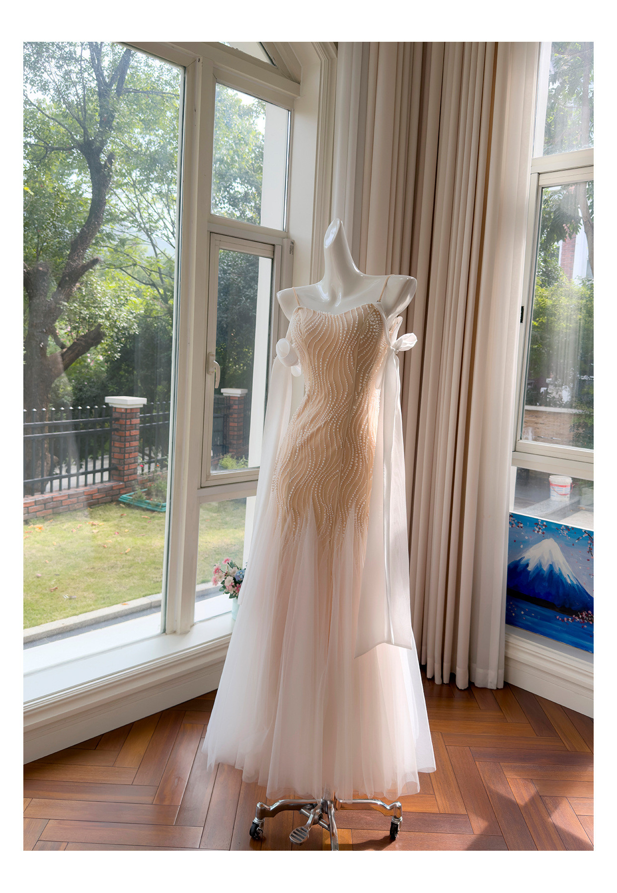 ノースリーブ リボン パール マーメイドドレス ウェディングドレス パーティー 上品 ロング 韓国風 二次会 69470