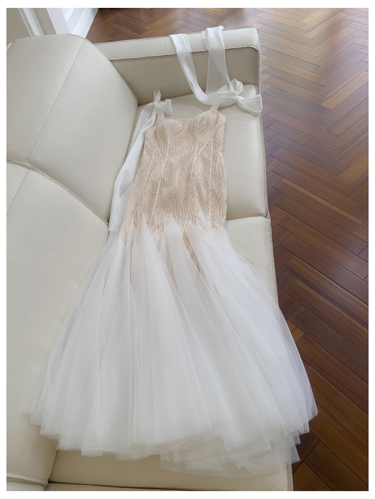 ノースリーブ リボン パール マーメイドドレス ウェディングドレス パーティー 上品 ロング 韓国風 二次会 69470