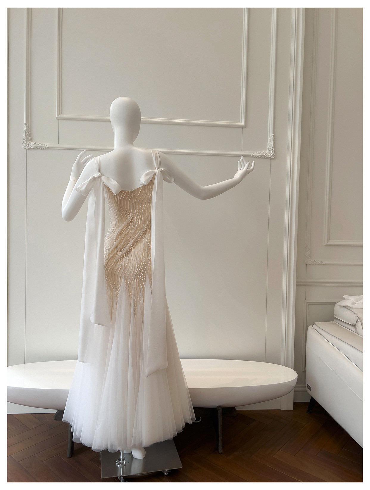 ノースリーブ リボン パール マーメイドドレス ウェディングドレス パーティー 上品 ロング 韓国風 二次会 69470