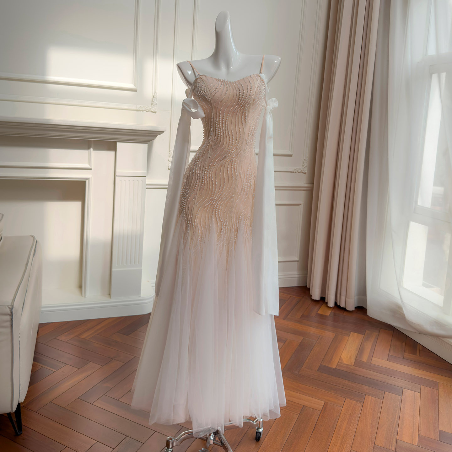 ノースリーブ リボン パール マーメイドドレス ウェディングドレス パーティー 上品 ロング 韓国風 二次会 69470