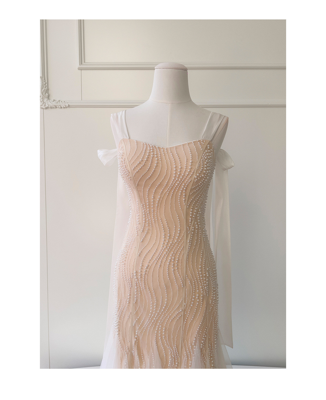 ノースリーブ リボン パール マーメイドドレス ウェディングドレス パーティー 上品 ロング 韓国風 二次会 69470