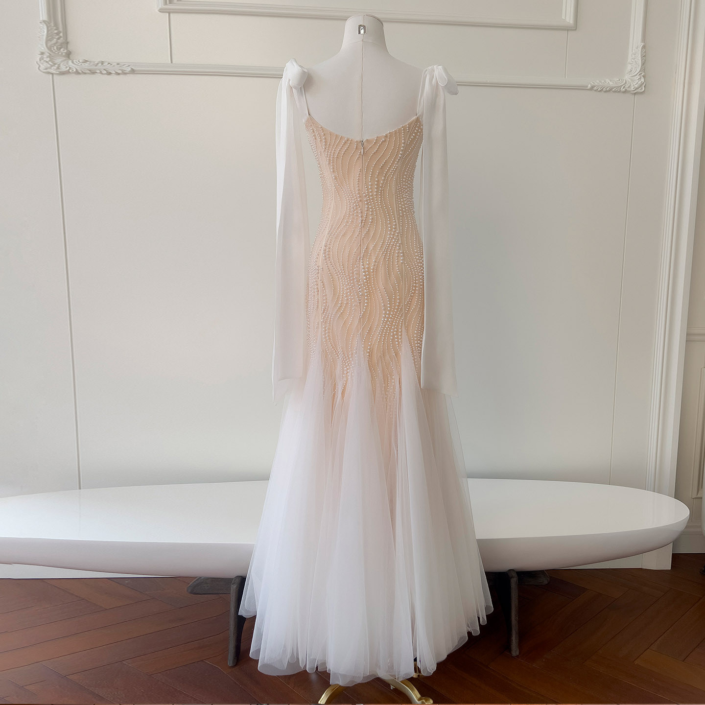 ノースリーブ リボン パール マーメイドドレス ウェディングドレス パーティー 上品 ロング 韓国風 二次会 69470