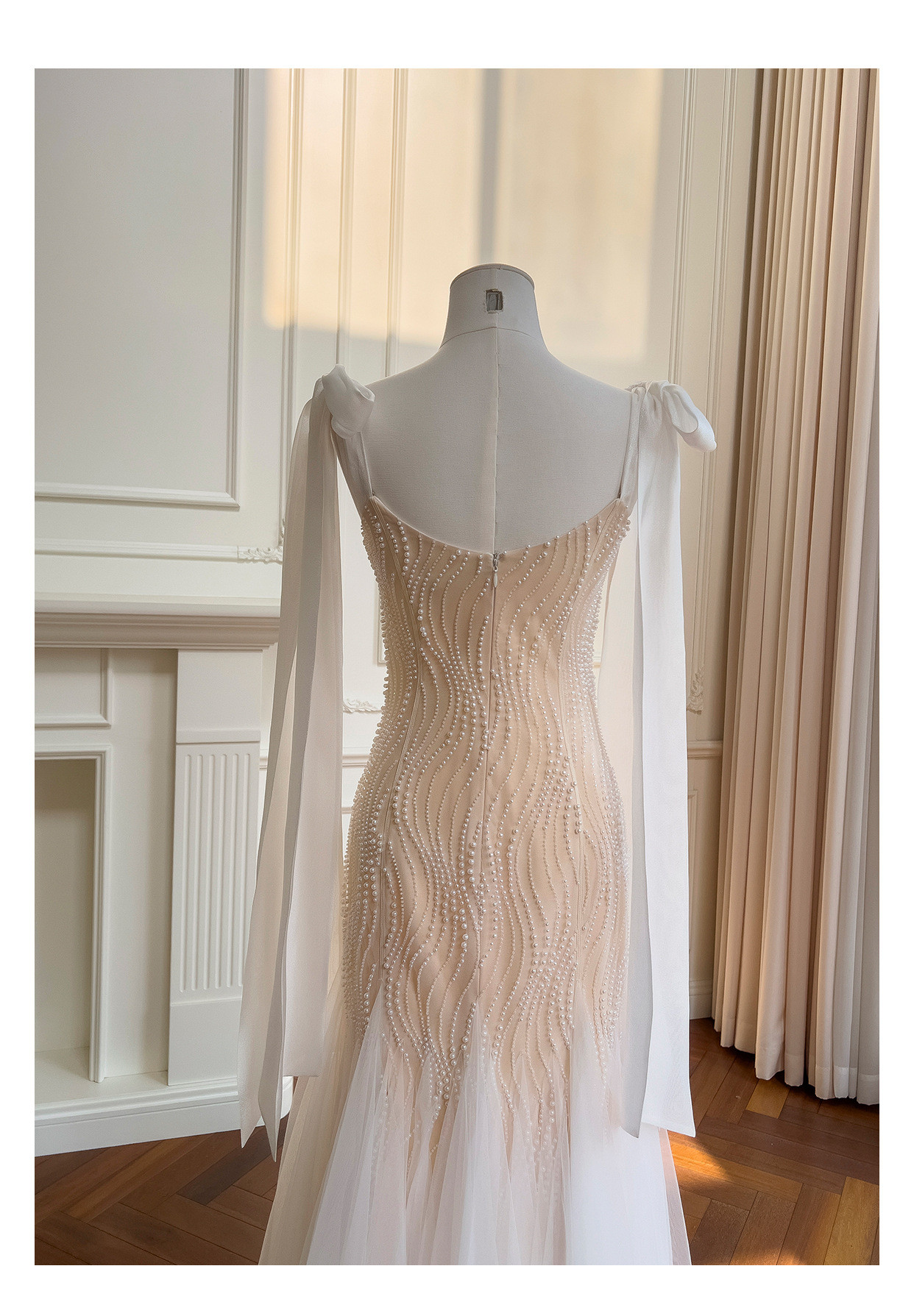 ノースリーブ リボン パール マーメイドドレス ウェディングドレス パーティー 上品 ロング 韓国風 二次会 69470